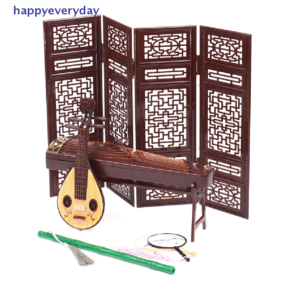 [happy] Rumah Boneka Miniatur Suling Layar Lipat Lute Guzheng Kipas Ornamen Pemandangan Kehidupan [ID]