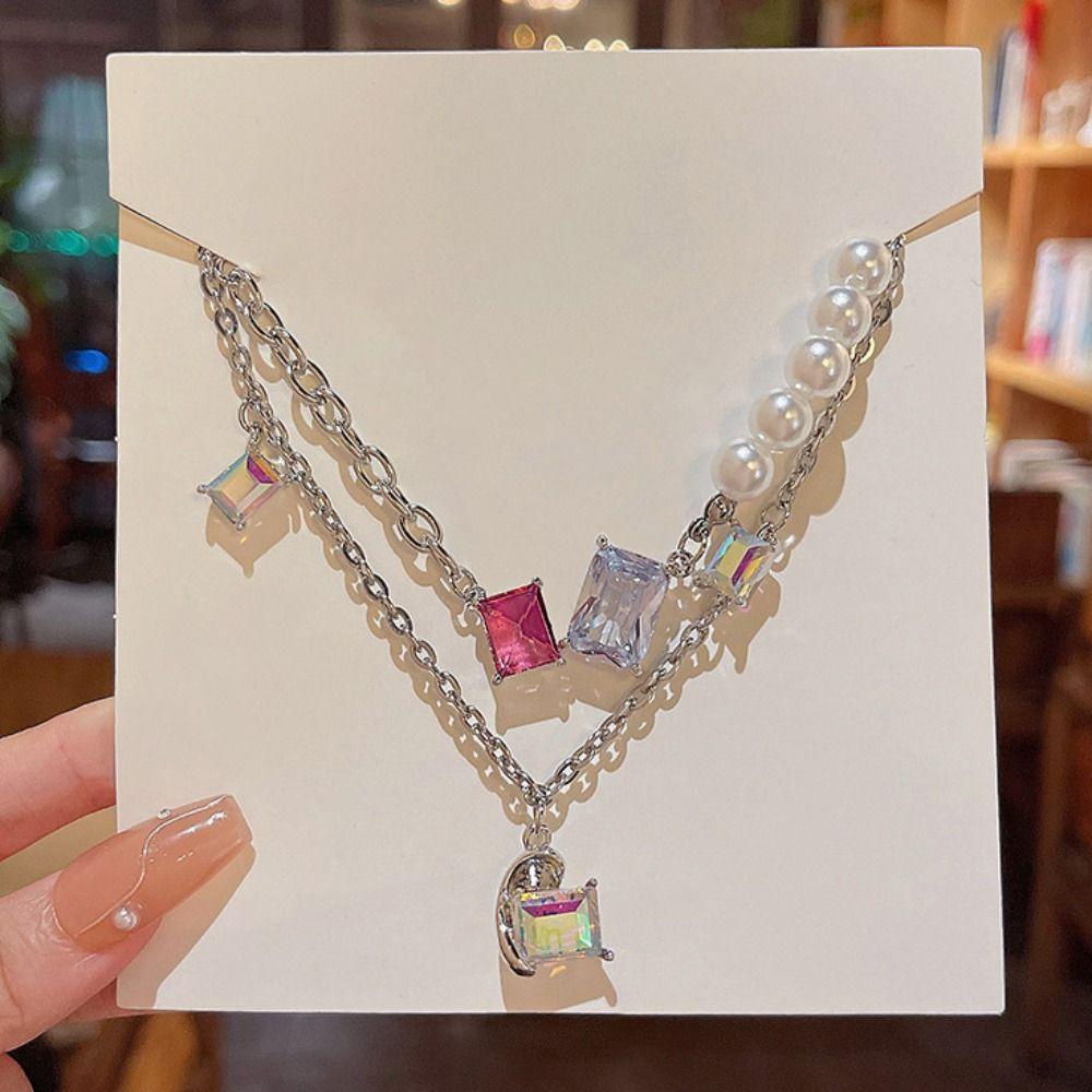 Needway Wanita Kalung Trendi Pesta Mutiara Warna-Warni Kristal Mengkilap Gaya Korea Necklace