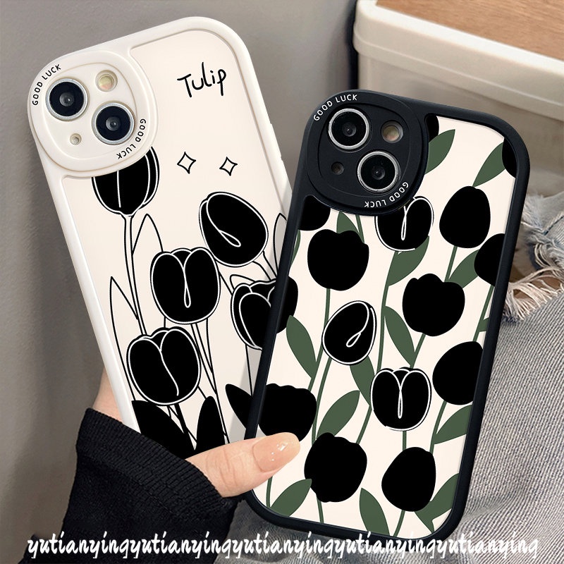 IPHONE Case Kompatibel Untuk Iphone11 14 13 12 Pro Max XS XR X Max6 8 7 6s Plus SE 2020 Ins Bunga Tulip Hitam Sederhana Pasangan Ponsel Tpu Lembut Pasangan Penutup Belakang