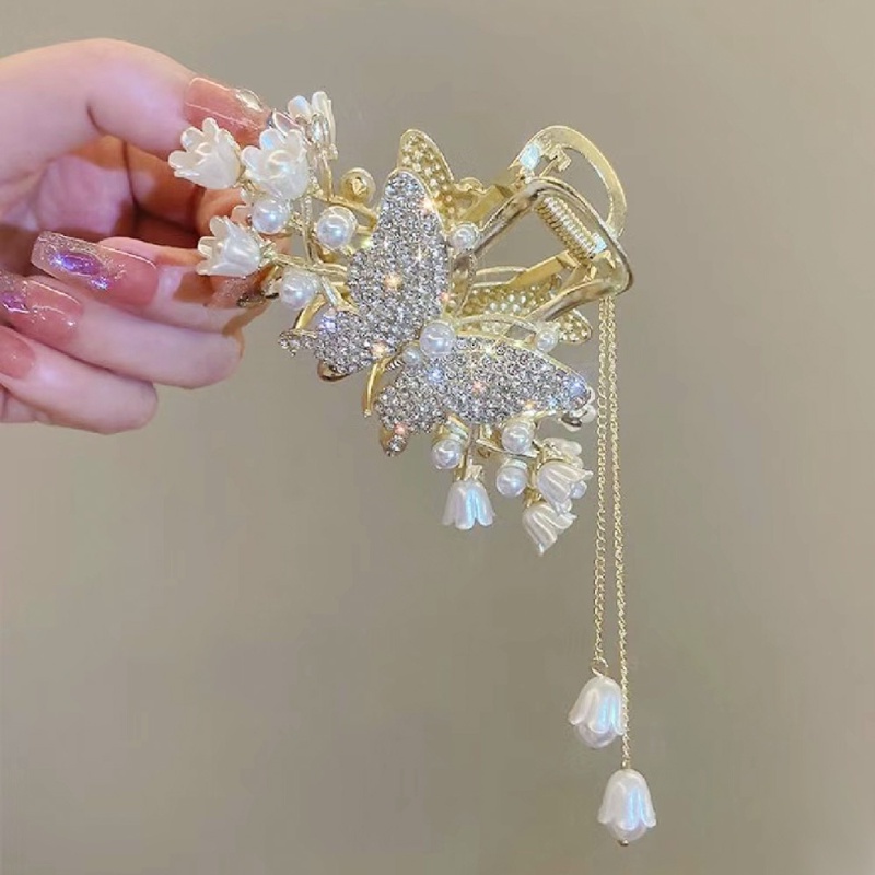 Lily Of The Valley Butterfly Tassel Hairpin/Back Head Fine Grab Clip/Fashion Hiasan Kepala Elegan/Musim Panas Hiu Besar Hairgrips Hiasan Kepala