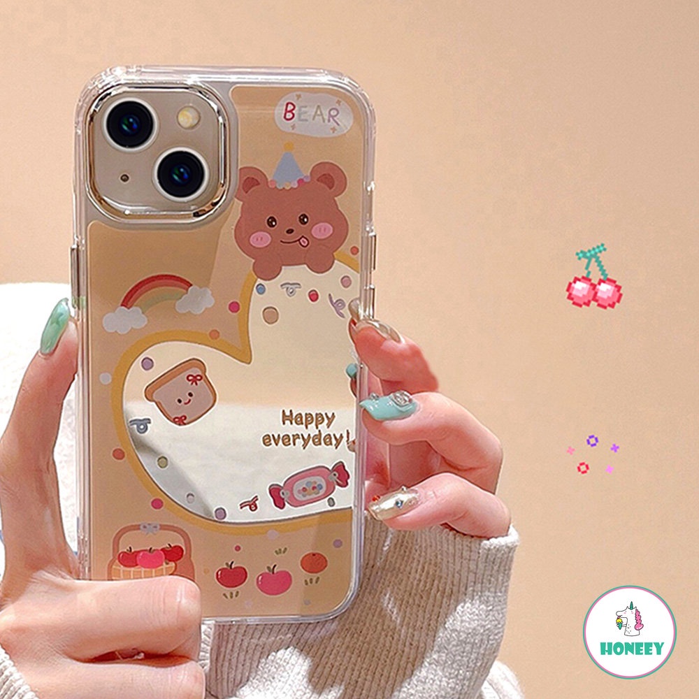 IPHONE Lucu Korea Mewah Cinta Hati Beruang Pelangi Makeup Mirror Phone Case Untuk Iphone11 12 13 14 Pro Max Shockproof Back Cover