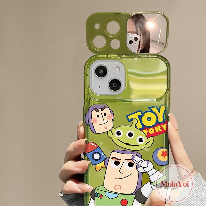 IPHONE Flip Make Up Cermin Imut Strawberry Bear Case Kompatibel Untuk Iphone11 14 13 12 Pro MAX 7Plus XR 78 14 Plus X XS MAX SE 2020 Kartun Toy Story Buzz Lightyear Shockproof Soft Cover