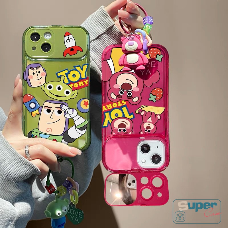 IPHONE Cute Strawberry Bear Manyo Shockproof Case Kompatibel Untuk Iphone14 13 11 12 Pro MAX XR X7 8 14 Plus XS MAX SE Kartun Toy Story Buzz Lightyear Flip Make Up Mirror Soft Cover