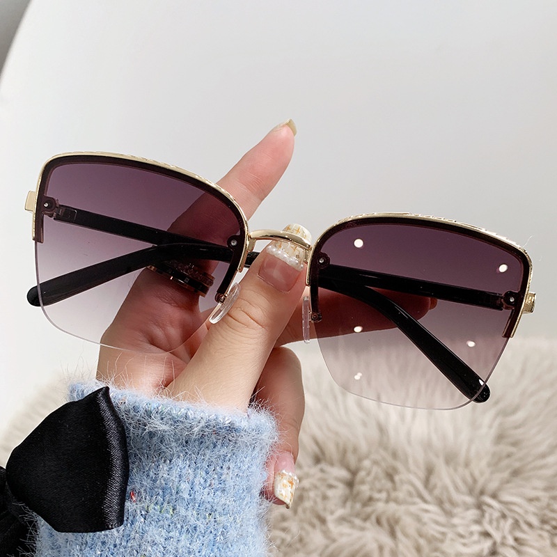 (YUZHU) Oversized Metal Half Rim Sunglasses Untuk Wanita Vintage Fashion Cat Eye Tiga Warna Gradient Sunglasses