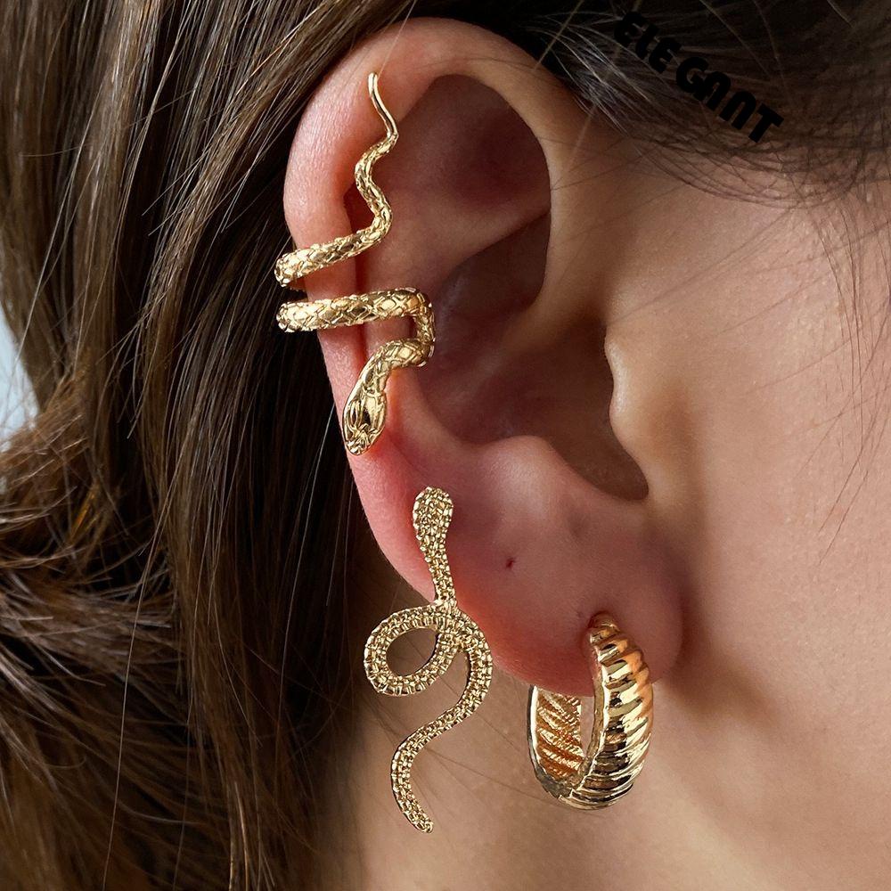 [Elegan] Anting Ular Kepribadian Geometri Sederhana French Snake Earing Clips Alloy Women Stud Earrings Anting Wanita Set