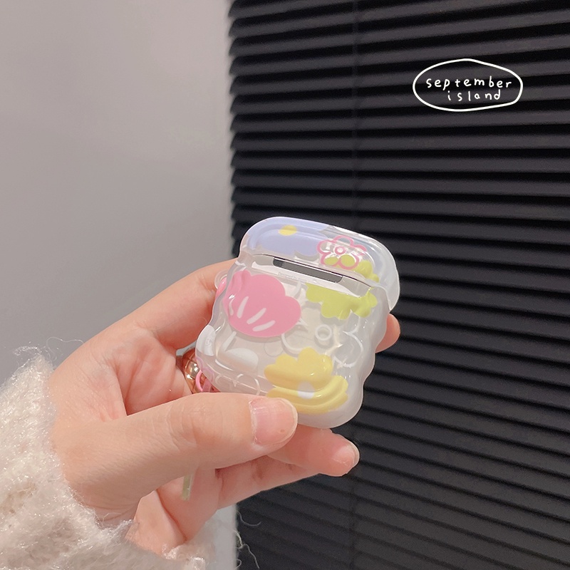 Korea Segar Bunga Pelindung Case Kompatibel Untuk Airpods1Per2Per3 Lucu Bergelombang Pinggiran Penutup Untuk AirPods Pro2 Bluetooth Earphone Case Keyring