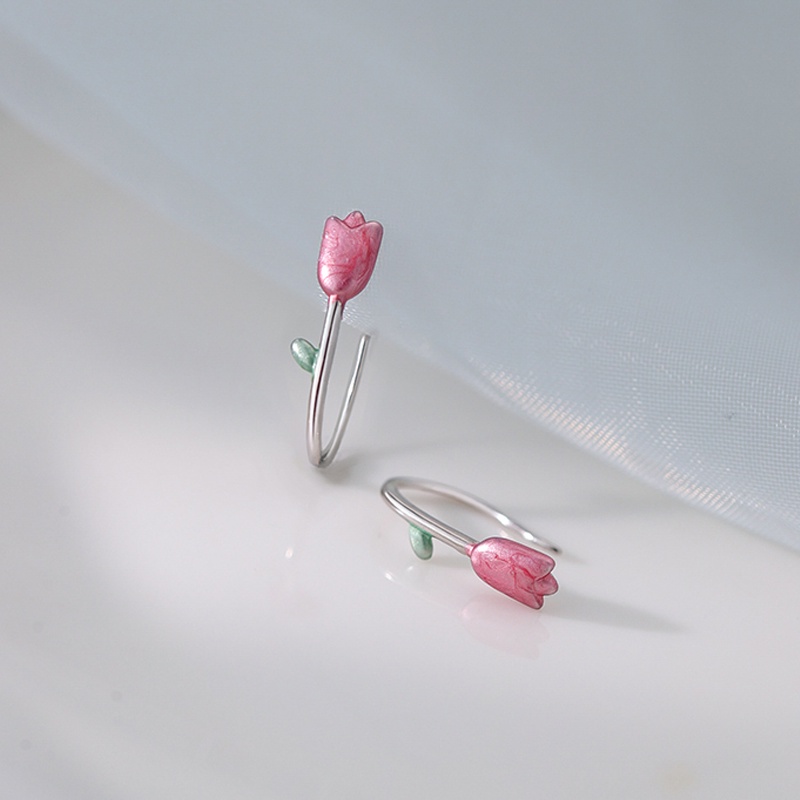 Papaozhu Elegan S925 Perak Merah Muda Tulip Anting Kait Untuk Wanita Gadis Temperamen Bunga Manset Anting-Anting Manis Telinga Perhiasan Pacaran Pakaian Sehari-Hari