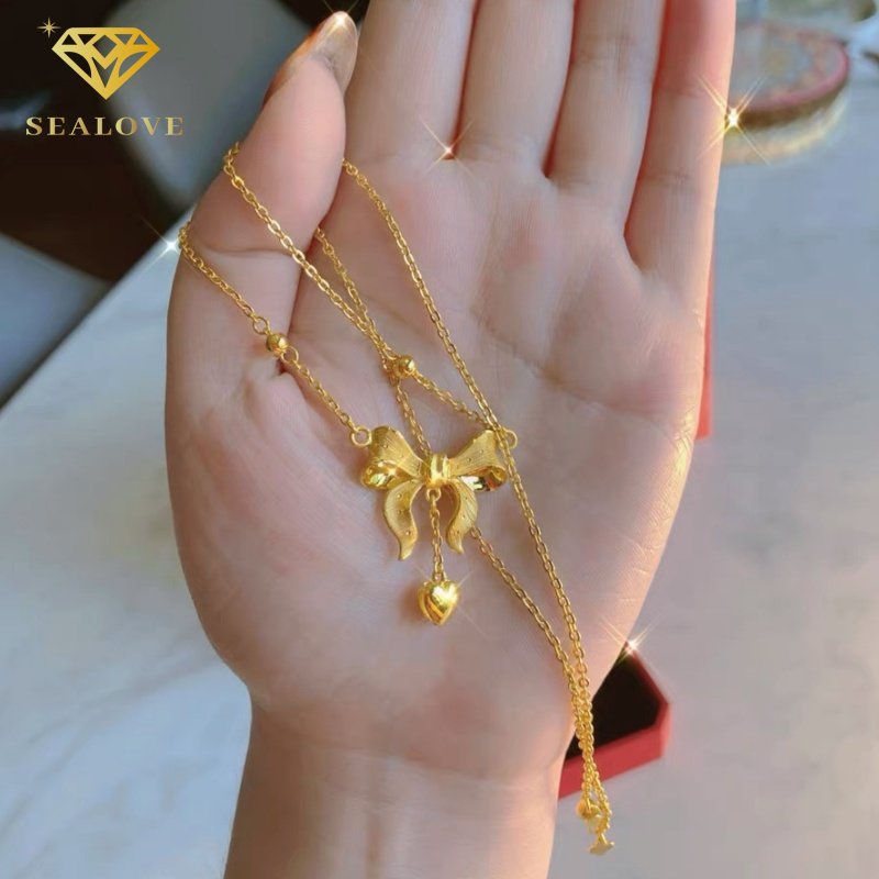 Busur Emas Pita Lucu Cantik Kalung Titanium Wanita Anti Karat Emas 18K Perhiasan Wanita Fashion Korea