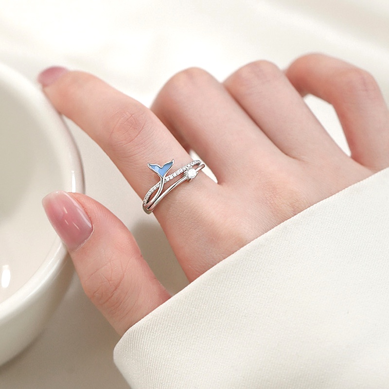 Papaozhu Bergaya Berkilau Kristal Biru Fishtail Terbuka Cincin Untuk Wanita Gadis Chic Bersinar Zirkon Buku Jari Cincin Kepribadian Perhiasan