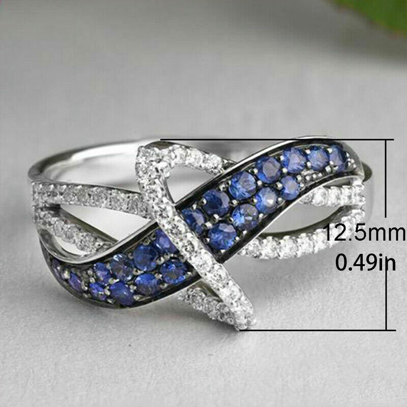 Cincin Berlian Biru Geometris Garis Silang Cincin Kawin Tunangan Untuk Wanita Perhiasan Halus Untuk Wanita