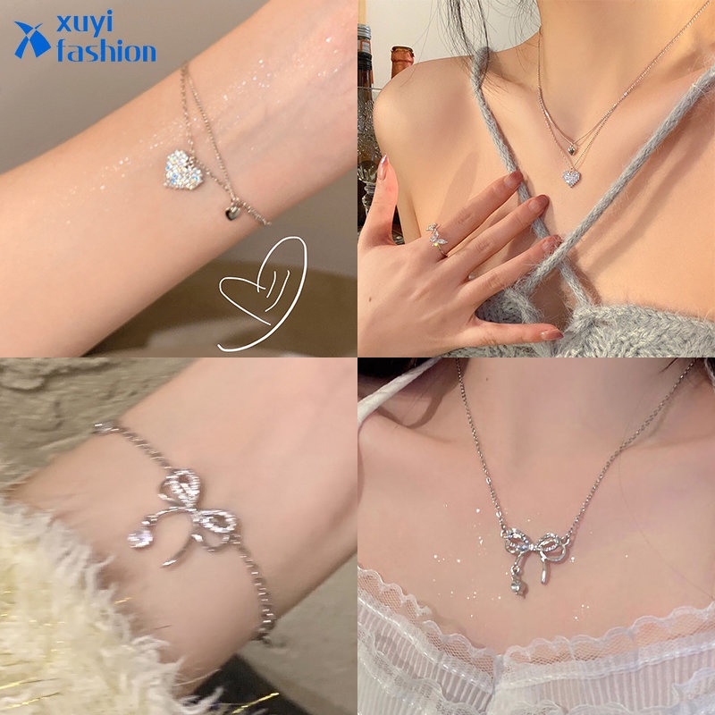 Korea Tulip Camellia Hati Liontin Kalung Gelang Set Busur Kristal Mutiara Choker Gelang Untuk Wanita Perhiasan Aksesoris