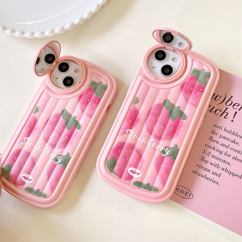 Rotatable Mirror Pink Big Strawberry Girl Woman Soft Silicon Case HP iP iPhone 12 13 14 Pro Max 11 FTD Casing Apple