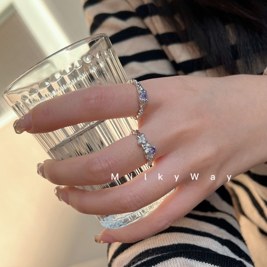 2pcs/set Cincin Kristal Ungu Set Fashion Zirkon Pembukaan Cincin Perak Untuk Aksesoris Perhiasan Wanita