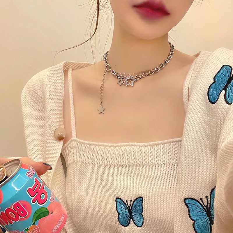 Yeezii Star Necklace Y2K Kristal Silver Rumbai Klavikula Rantai Choker Untuk Aksesoris Perhiasan Wanita