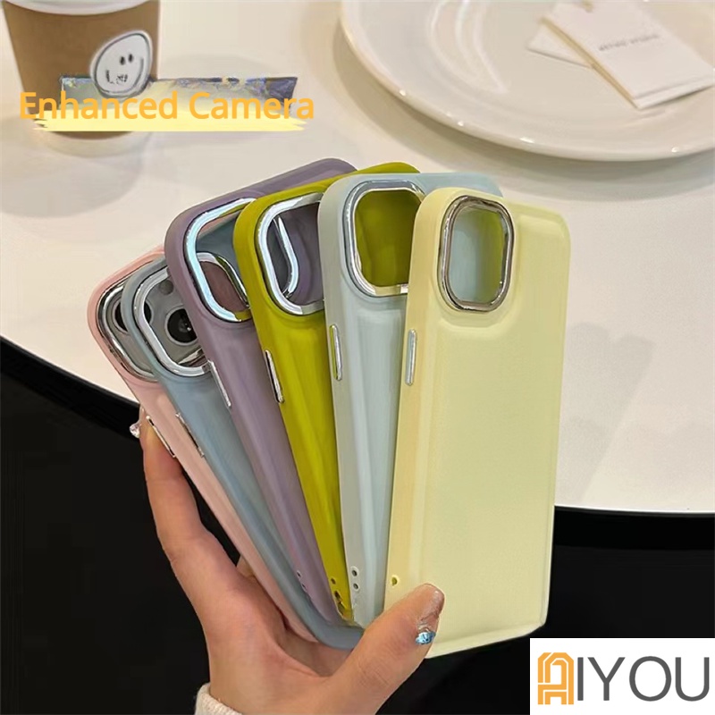 IPHONE Casing Ponsel Lensa Kamera Plating Warna Solid Kompatibel Untuk Iphone 11 12 13 14 Pro Max 14 Plus Bantal Udara Silikon Shockproof Soft Cover