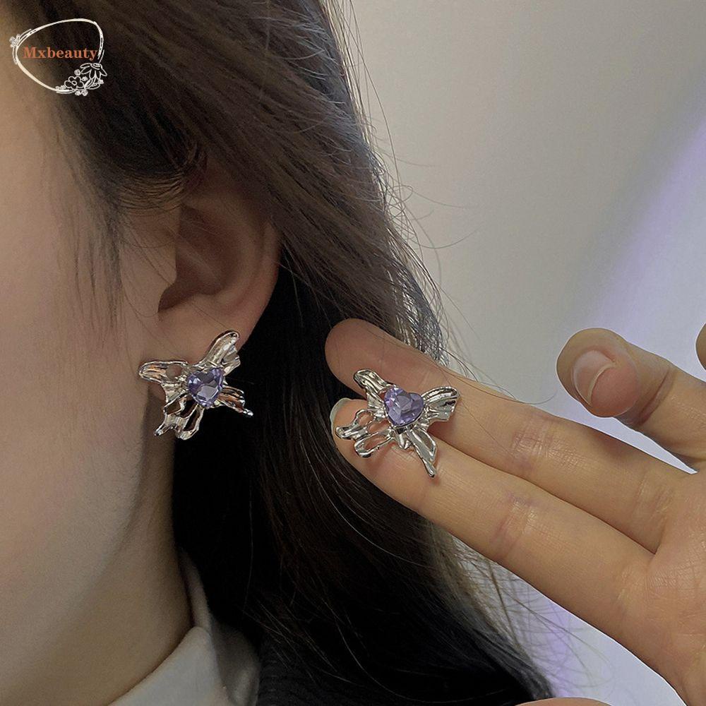 Mxbeauty Anting Wanita Fashion Tidak Teratur Telinga Perhiasan Hadiah Ungu Busur Zirkon Gaya Korea Earrings