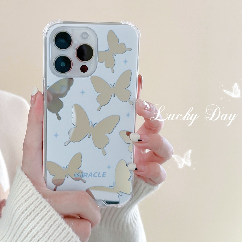 [Anti Jatuh Cermin] Pretty Silver Makeup Silikon Soft Case IPhone 6S 7 8 Plus X XR XS Max IPhone 11 12 13 14 Pro Max 14 Plus7+8+12 13 mini Untuk Wanita Cewek Pretty Butterfly