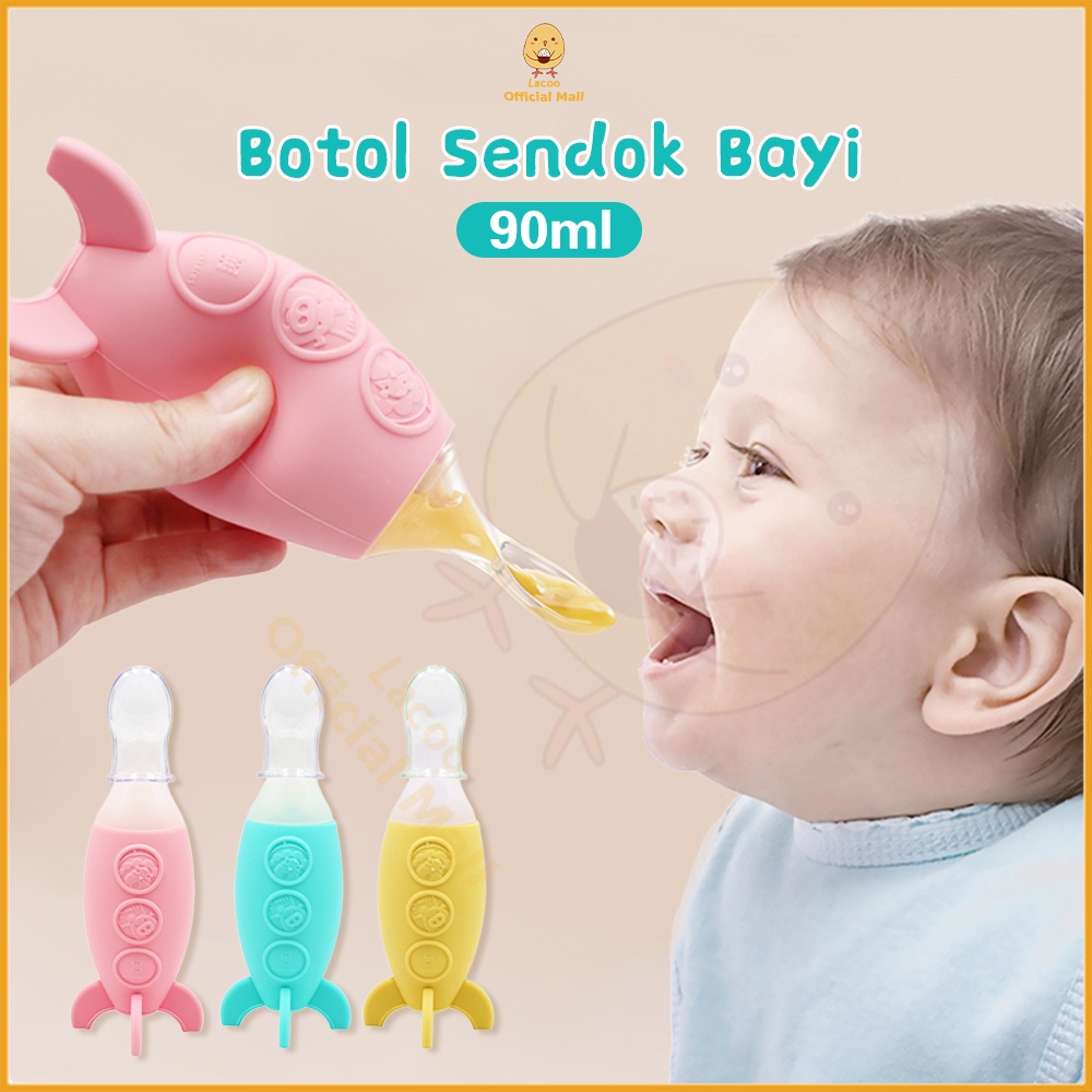 Lacoo Botol dot bayi anak silicone Botol sendok makan bayi 90ML bottle spoon BPA FREE