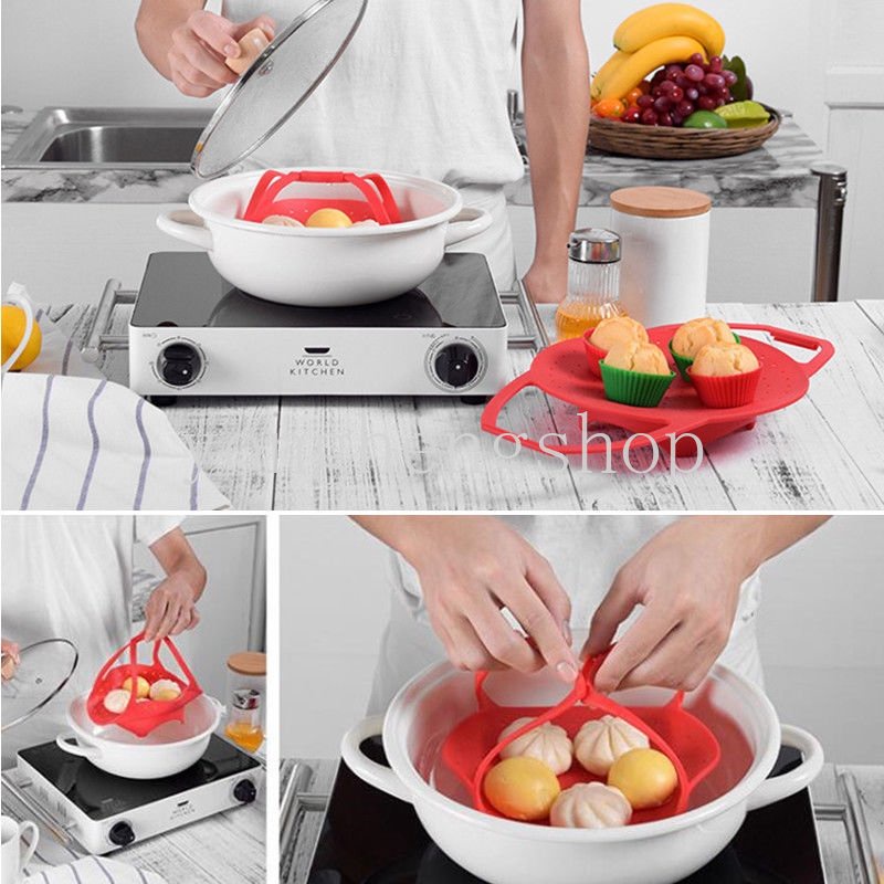 Collapsible Silicone Steamer Basket Microwave Oven Food Steamer Telur Pangsit Dimsum Rak Kukus Dengan Pengangkat Cooker Alat Masak Dapur Bakeware