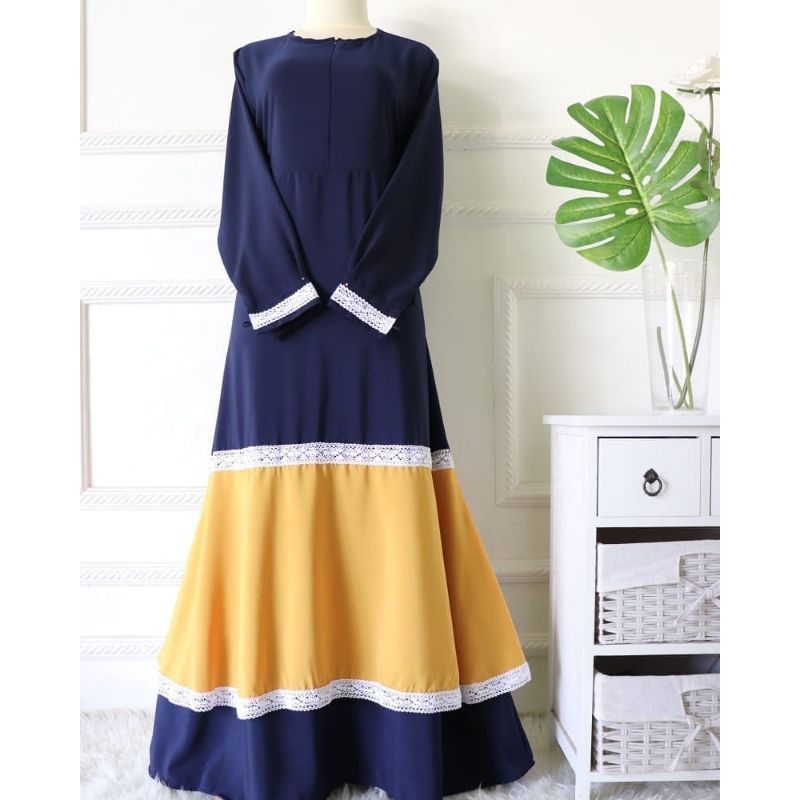 GAMIS KELLY RENDA NAVY BIRU MUSTARD KOMBINASI 2 LAYER