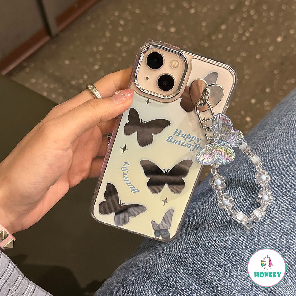 Cermin Rantai Kupu-Kupu Charms Strap Phone Case Untuk iPhone 14 Pro 13 11 12 Pro Max Cases Modis Wanita Lucu Soft Cover