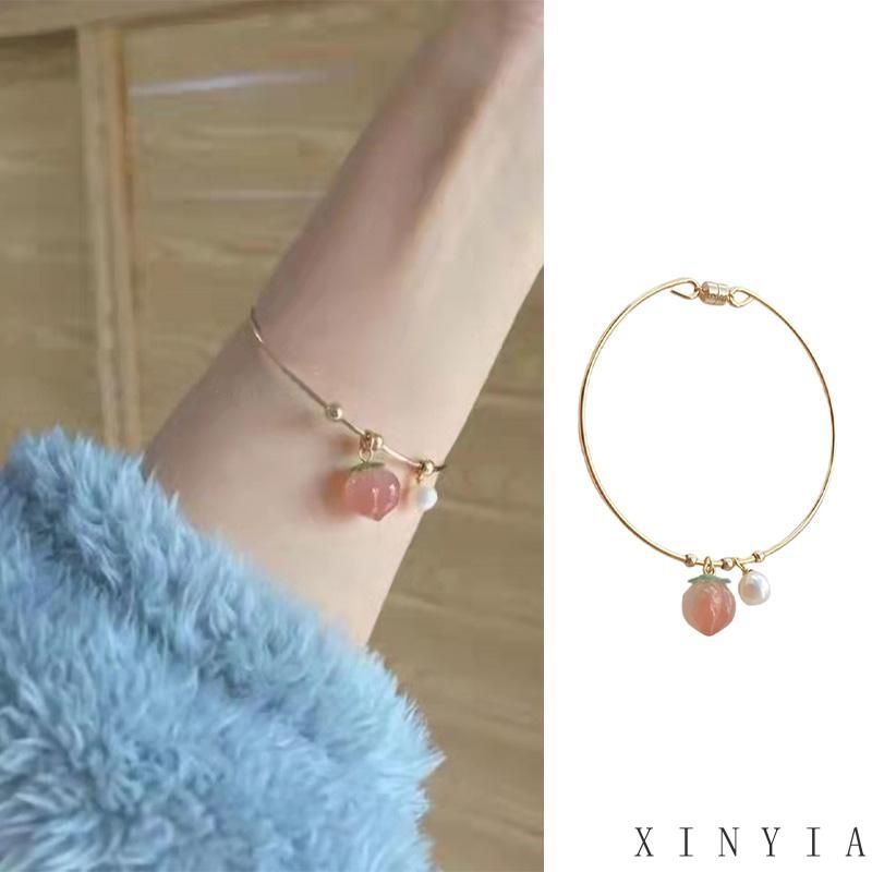 【Bayar di tempat】Gelang Tangan Rantai Liontin Buah Peach Warna Pink Untuk Wanita