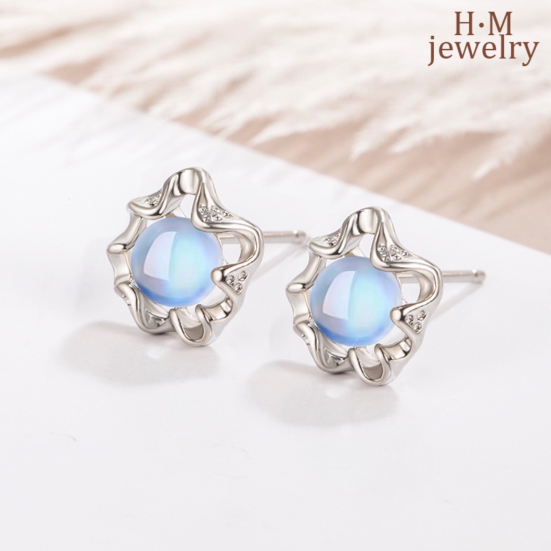 S925 Perak2023Baru Trendi Tidak Teratur Moonstone Renda Anting Pejantan Retro Elegan Bermutu Tinggi Anting-Anting
