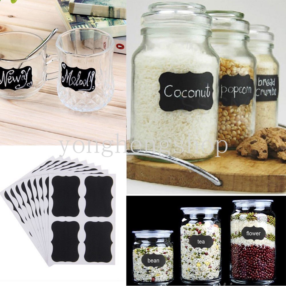 36pcs/set Stiker Botol Toples Kaca Dapat Dihapus Papan Tulis Lables Dapur DIY Stiker Gadget Papan Tulis Hitam Bentuk Tag Harga Tulisan Tangan Label Tahan Air