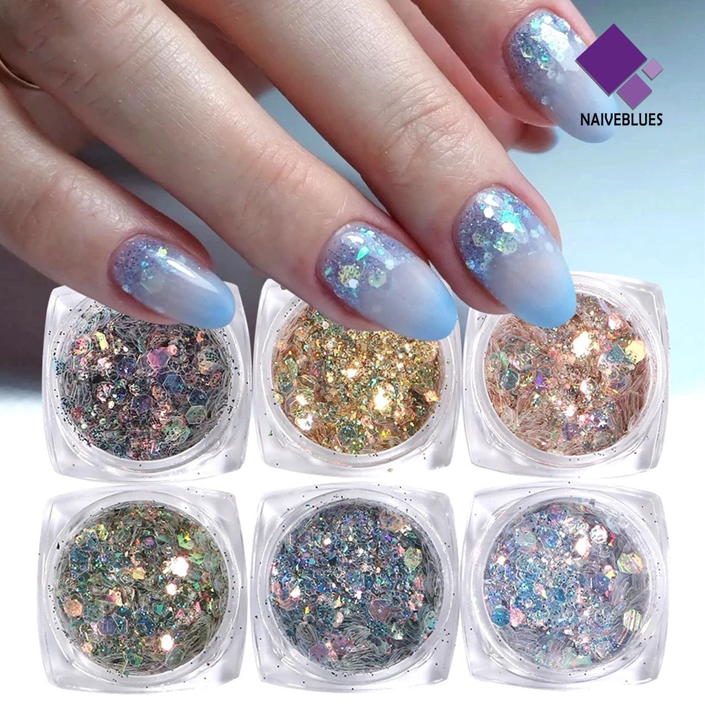 [naiveblues] 1set Nail Sequin Sparkling Ultra-Tipis Bersinar Visual Warna Vibrant Lebar Hias Mudah