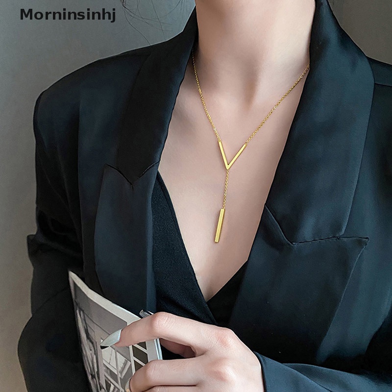 Mornin Stainless Steel V-Shaped Panjang Seksi Klavikula Kalung Wanita Dan Anak Perempuan Anti Karat Warna Emas Rantai Kalung Pesta Perhiasan id