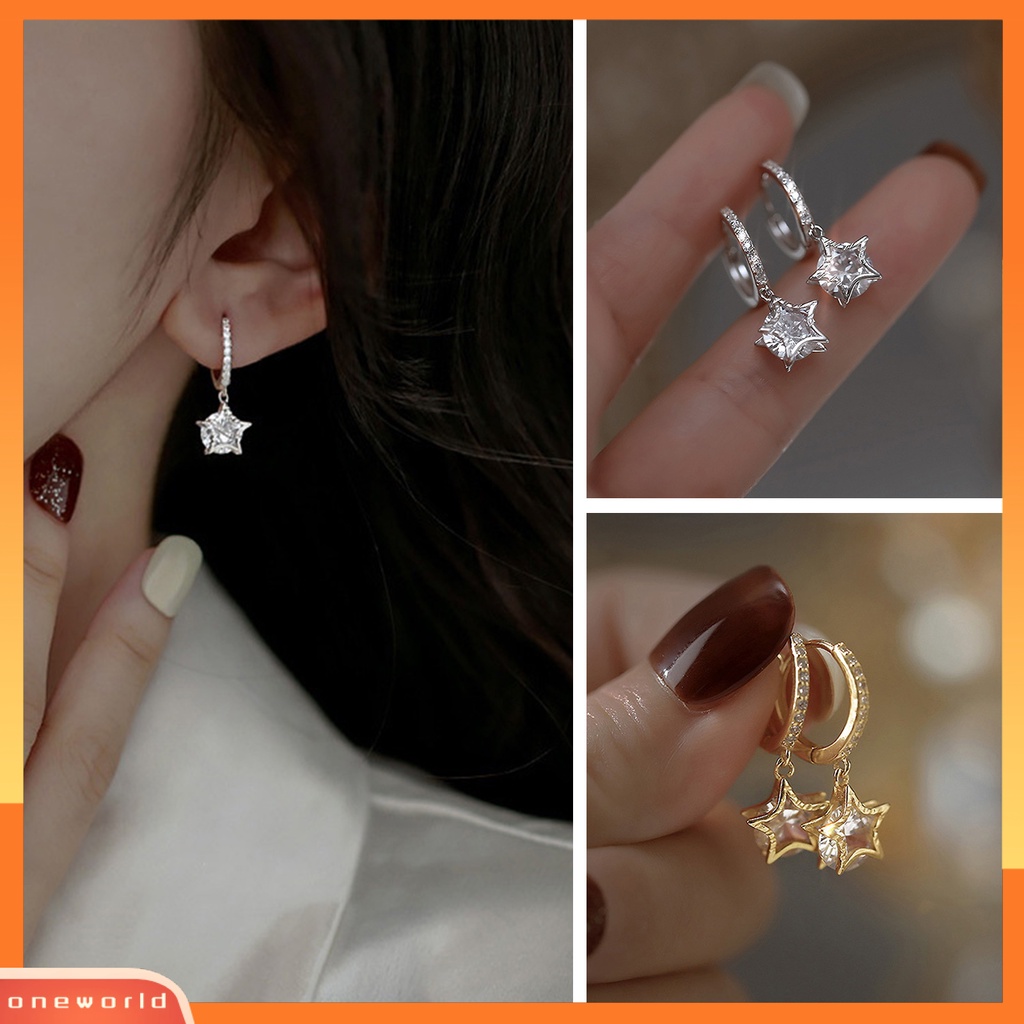 [EONE] 1pasang Drop Earrings Elegan Temperamen Retro Bling Berlian Imitasi Bintang Liontin Wanita Anting Perhiasan Aksesoris