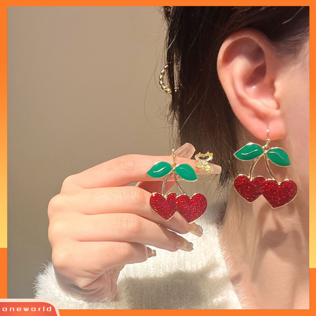 [EONE] 1pasang Anting Kait Lucu Bentuk Buah Daun Hijau Tetesan Minyak Cherry Merah Wanita Drop Earrings Fashion Perhiasan