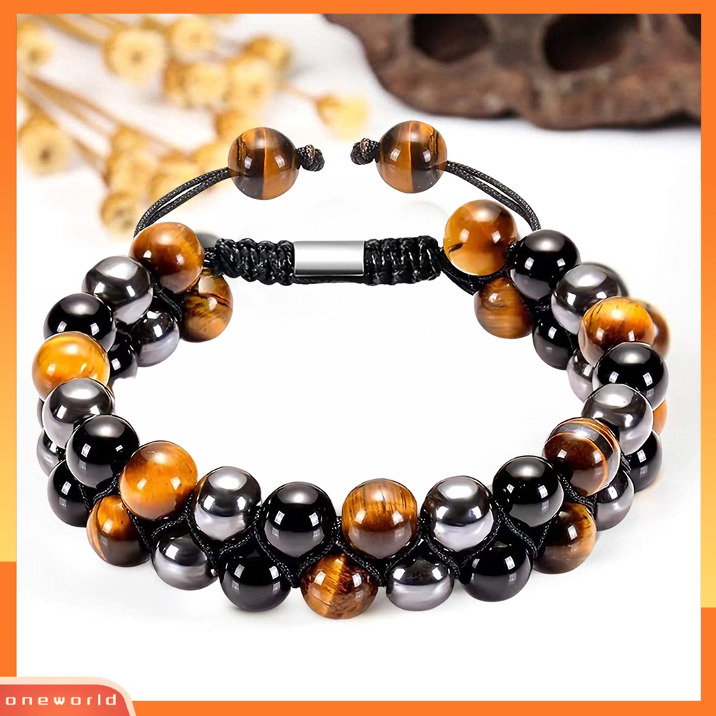 [EONE] Manik-manik Gelang Adjustable Manik-Manik Lapisan Ganda Perlindungan Tiga Tali Elastis Membawa Keberuntungan Hadiah Pria Wanita Alami Faux Tiger Eye Healing Bracelet Untuk Teman