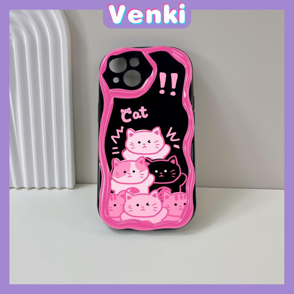 VENKI - For iPhone 11 iPhone Case 3D Curved Edge Wave Glossy Black TPU Airbag Shockproof Camera Cover Pink Cat Compatible with iPhone 14 13 Pro max 12 Pro Max xr xs max 7 8Plus