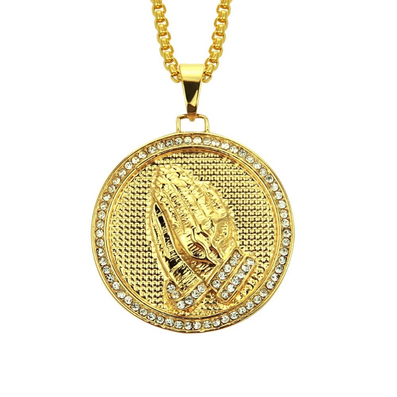 [Z H Perhiasan] Vintage 18K Emas Putaran Tanda Doa Tangan Liontin Fashion Pria Stainless Steel Jari Kalung Liontin Hip Hop Pesta Baja Titanium Perhiasan Aksesoris