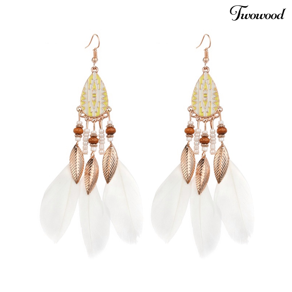 Twowood 1pasang Anting Kait Gaya Etnik Tetesan Air Liontin Manik-Manik Kepribadian Eye-catching Dekorasi Hypoallergenic Buatan Bulu Vintage Menjuntai Anting-Anting Perhiasan Aksesori