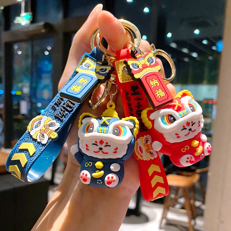 Cute 3D Chinese Style Dancing Lion Cat Anti-lost Strap Keychain for Car Home Keys Bag Backpack Bluetooth Earphone Case Cover Pendant Decoration