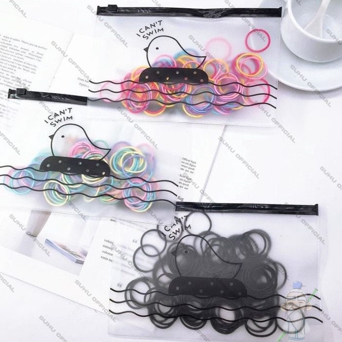 Ikat Rambut Korea 100pcs Free Pouch / Karet Rambut Karet Polos Warna Warni / Ikat Rambut I Can Swim