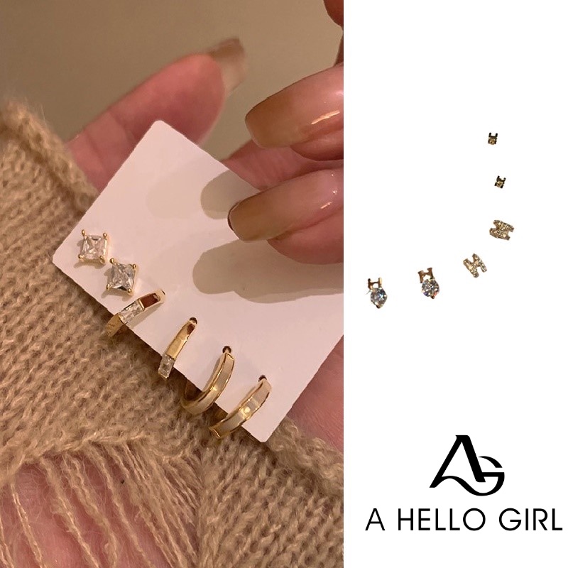 Ahellogirl Satu Kartu Tiga Pasang Kombinasi Set Anting Berbentuk C S925 Jarum Perak Kecil Dan Serbaguna Ringan Mewah Anting Sederhana