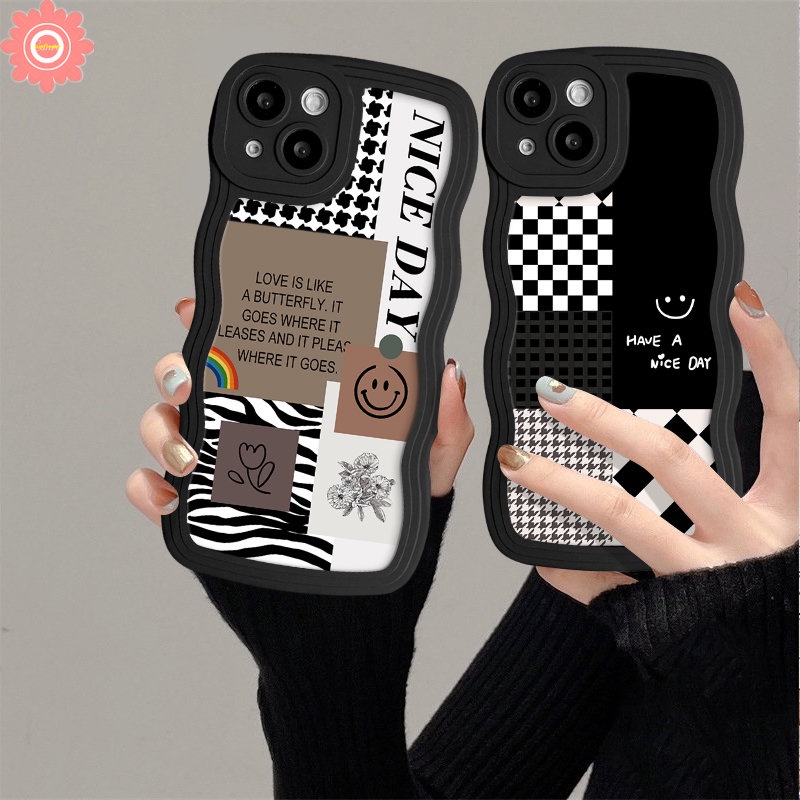 Untuk Redmi 10C 12C 9A 10A 9C 9a1 9T 10 A1+Note11 8 9 11s 9s 10s 10 Pro Mi 11T Pro POCO X3 NFC Pro M3 Houndstooth Smiley Pola Berlian Kisi Splicing Lembut Bergelombang Tepi Case