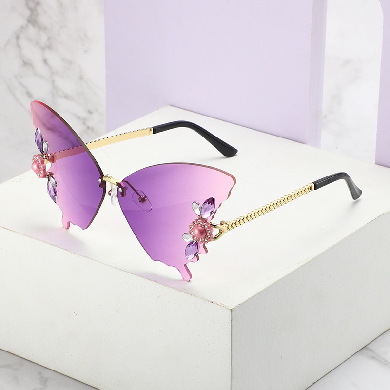 (YUZHU) Western Fashion Butterfly Rimless Sunglasses Kacamata Hitam Gradasi Berlian Untuk Wanita