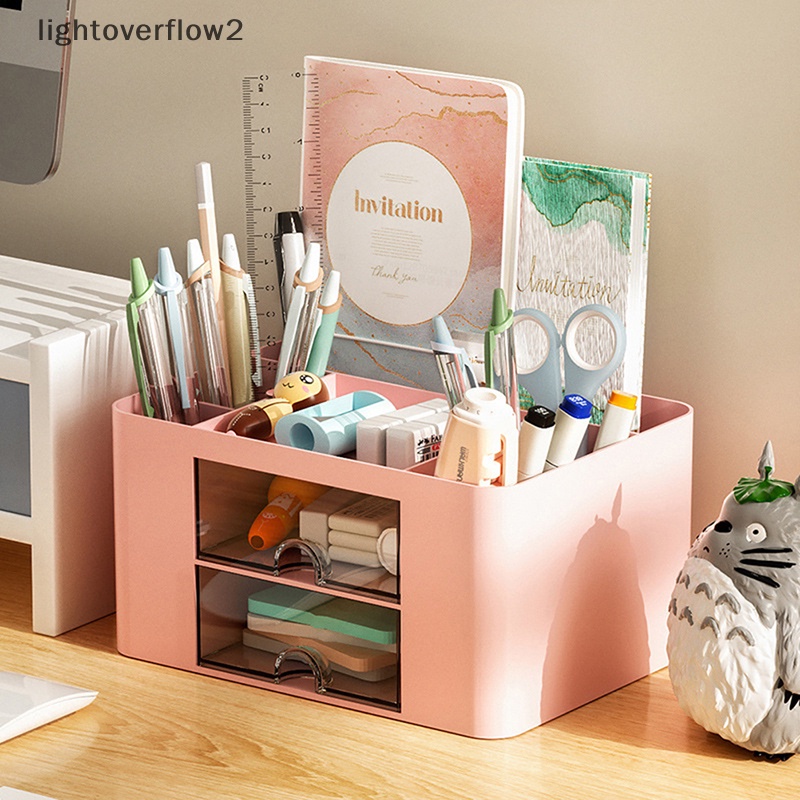 [lightoverflow2] Tempat Pulpen Warna Solid Sederhana Dengan 2laci Kapasitas Besar Kotak Penyimpanan Alat Tulis Kantor Siswa Desktop Organizer [ID]