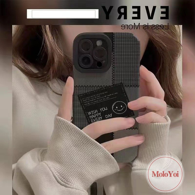 Stiker Tekstur Trendy Brand Case Kompatibel Untuk IPhone 7Plus XR X XS Max8 7 Plus 11 14 12 13 Pro Max Kulit Mewah Smiley Lucu Jahitan Label Hitam Lembut Phone Cover