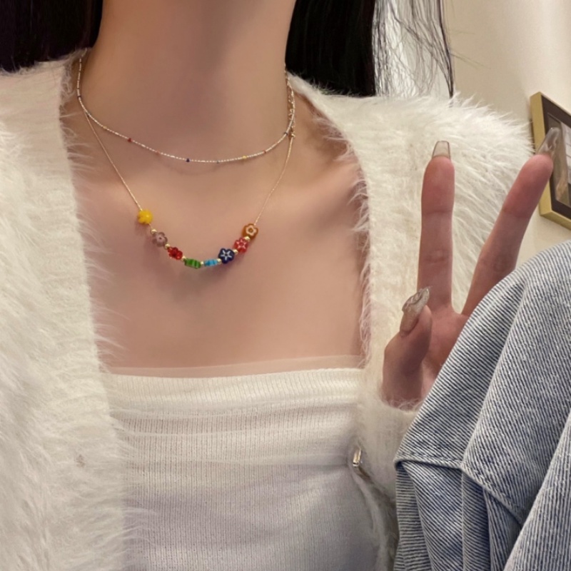 Papaozhu Ins Trendi s925 Perak Pelangi Manik-Manik Bunga Choker Kalung Untuk Wanita Perempuan Korea Fashion Warna-Warni Pesona Kalung Liburan Liburan Perhiasan Hadiah