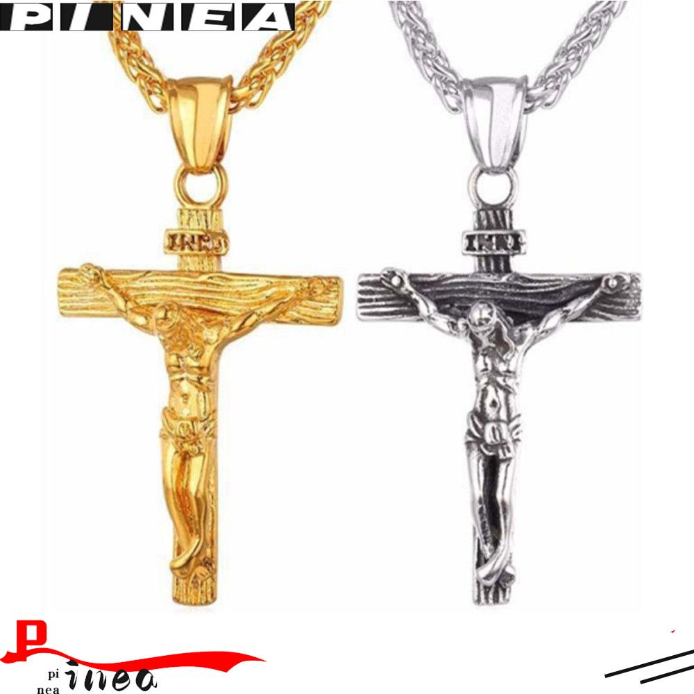 Kalung Liontin Salib Yesus Kristen Bahan Stainless Steel 316L Warna Emas Untuk Pria Dan Wanita