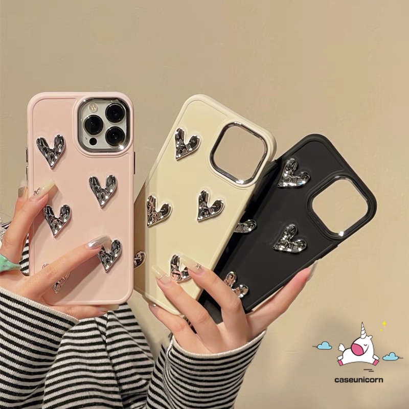 Mewah Lanjutan 3D Love Heart Plating Square Case Kompatibel untuk iPhone 7Plus 13 11 XR 14 12 Pro MAX X 8Plus XS MAX Fashion Sederhana Warna Solid Macaron Warna Permen Penutup Ponsel Lembut