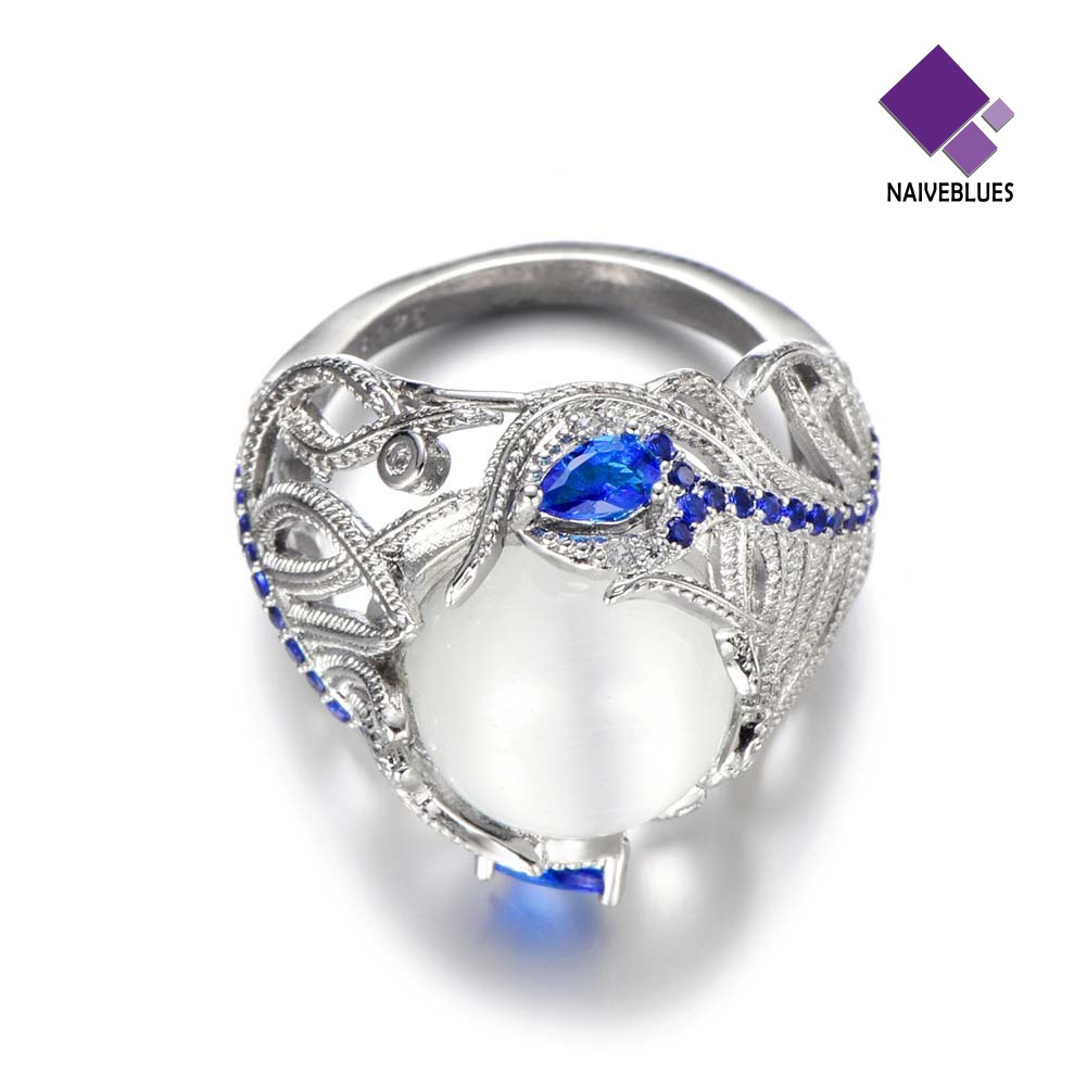 &lt; Naiveblues &gt; Wanita Faux Sapphire Opal Hias Bulu Merak Jari Cincin Perhiasan Hadiah