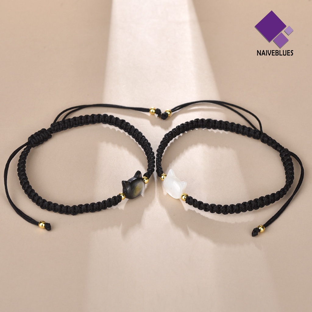 &lt; Naiveblues &gt; Gelang Pasangan Kepribadian Handmade Beads Adjustable Mewah Hitam Kucing Tangan Dikepang Perhiasan