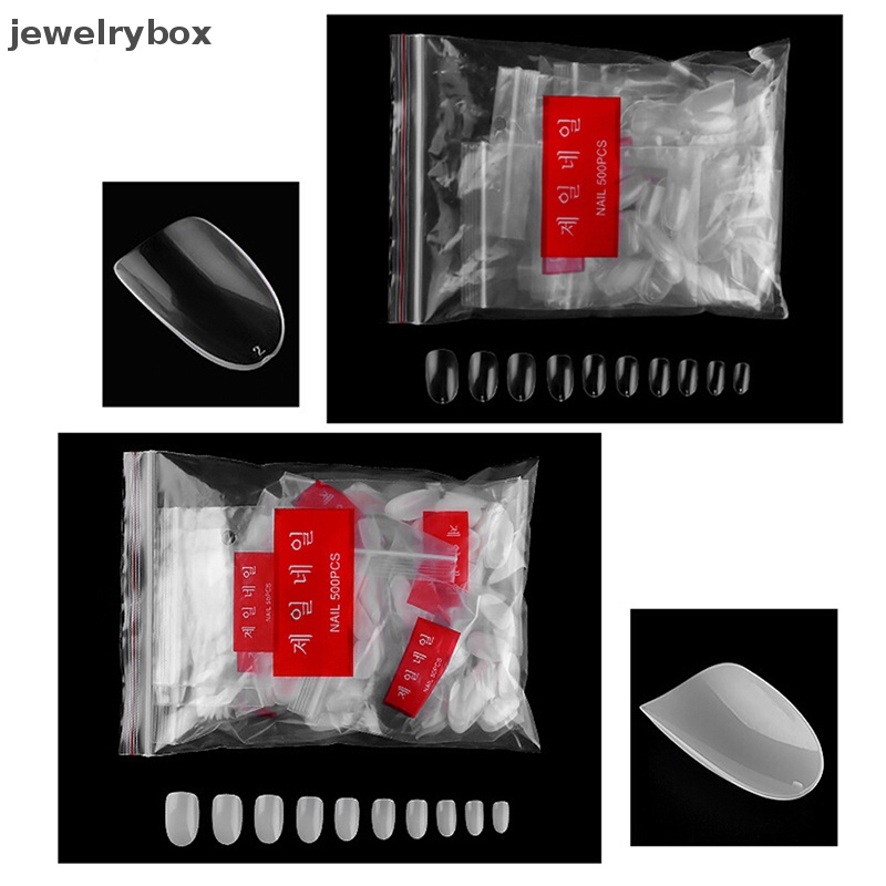 [jewelrybox] 500pcs Short Ellipse Full Cover Fake Kuku Palsu Tips Acrylic Gel Manicure Set Butik