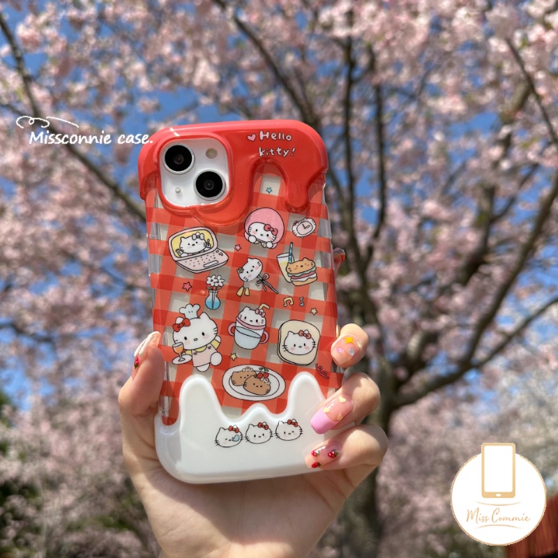 Ins Ice Cream Phone Case Kompatibel Untuk IPhone 7Plus 8Plus 11 14 12 13 Pro Max XR X7 8 Plus XS Max SE 2020 Kartun Indah Kisi Hello Kitty Kucing Shockproof Lembut Tpu Penutup Belakang